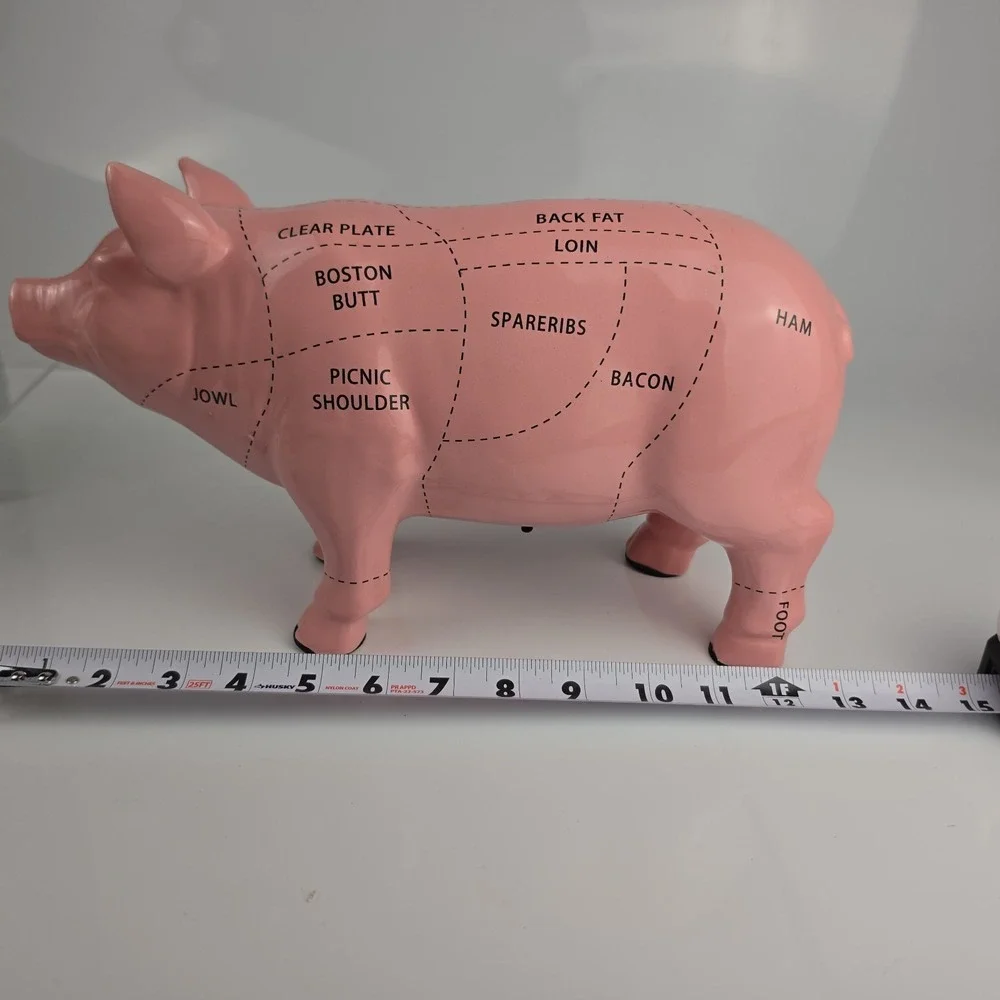 Pink Ceramic Pig Coin Bank Butcher Diagram Pork Cuts Kitchen Farmhouse‎